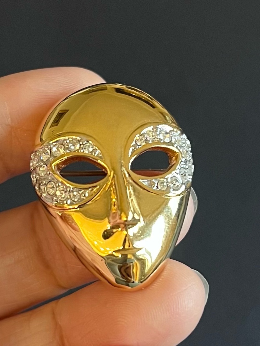Vintage Butler & Wilson Mask Brooch - Gold Tone Rhinestone Statement Pin